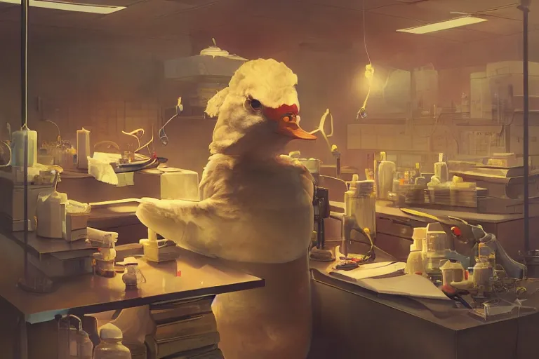 Image similar to A mixed media painting of a scientist duck working in a pcr and microbiology lab, by Frank Frazetta, Greg Rutkowski, Beeple, post-processing, low angle, masterpiece, cinematic, isometric, volumetric lighting