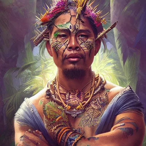 Prompt: A Pacific Islander Ruler, facial tattoos, artists portrait, wild jungle, fantasy, highly detailed, digital painting, concept art, sharp focus, depth of field blur, illustration, art by artgerm and greg rutkowski and alphonse mucha