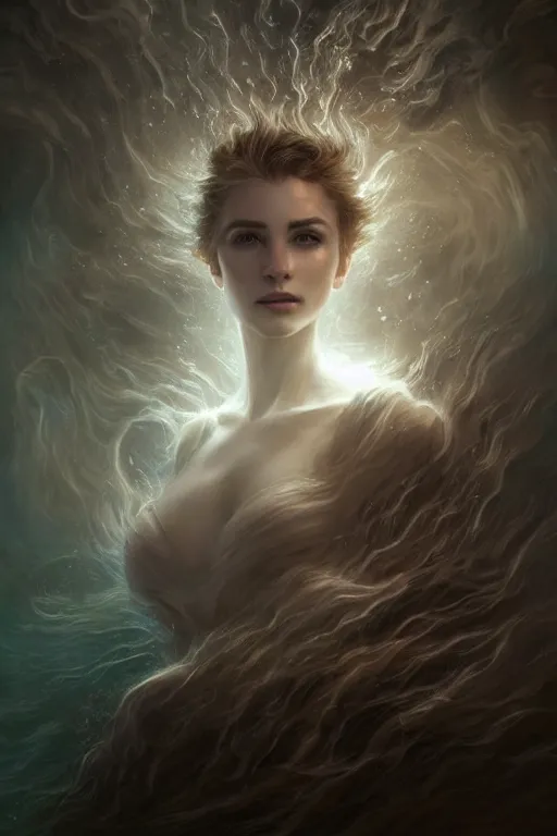 Image similar to cloudy dusty wind blowing!!!, underwater and dreaming of the void! multiple cinematic volumetric rim lights, bust portrait, dnd, fantasy, intricate, elegant, highly detailed, digital painting, artstation, concept art, smooth, sharp focus, illustration, art by artgerm and tom bagshaw and greg rutkowski and alphonse mucha