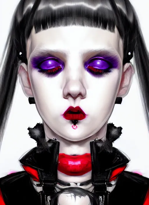 Image similar to portrait of white teenage girl, normal face, black bangs, mall goth, cyberlox, black and white hair, bangs, fluffy bangs, red contacts, purple lipstick, intricate, elegant, highly detailed, digital painting, artstation, concept art, sharp focus, smooth, illustration, art by wlop, mars ravelo and greg rutkowski