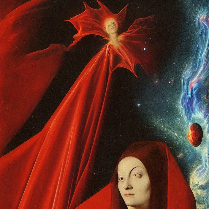 Prompt: a closeup portrait of a cloaked woman floating next to a goblin nebula, goblin nebula, by jan van eyck