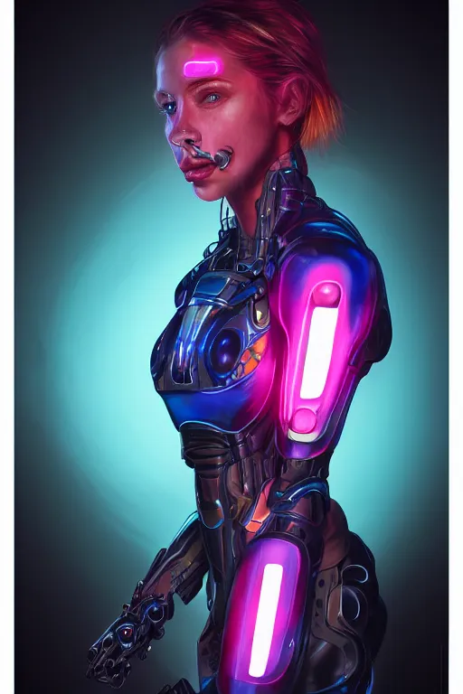 Image similar to portrait of a girl with a biomechanic armor and neon light by Jim Burns, dramatic lighting, highly detailed, trending on artstation