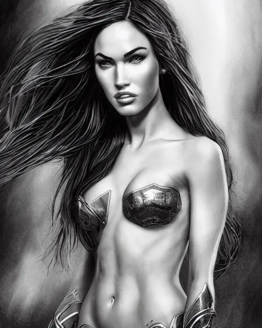 Image similar to portrait of beautiful megan fox as greek goddess aphrodite, archer, arrow on the head, beautiful piercing eyes, flowing blonde hair, realistic face, black and white drawing, in the style of greg rutkowski, fantasy, amazing detail, epic, intricate, elegant, smooth, sharp focus