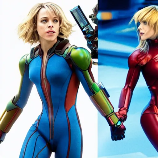 Prompt: rachel mcadams playing the role of samus in the new metroid movie, film still, 4 k, highly detailed, dramatic lighting