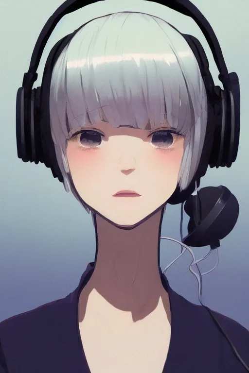 Prompt: a cute young woman listening to music with her eyes closed and wearing headphones by Ilya Kuvshinov, white bob cut hair, freckles, dark thunderclouds in the backround, blue filter, blue and white, vivid colors, soft lighting, cinematic, moody, nier automata, poster, oil on canvas, influenced by Range Murata and Krenz Cushart, 8k