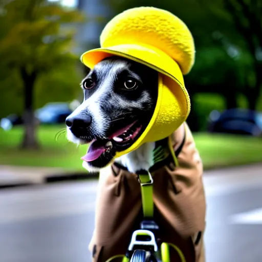 Prompt: a dog with a yellow hat riding a bike