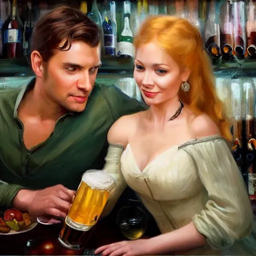 Image similar to ((Boba Fett)) and a beautiful young blonde drinking beer in a wine cellar, food, meat, schnapps, torches on the wall, romantic, inviting, cozy, painting by Vladimir Volegov