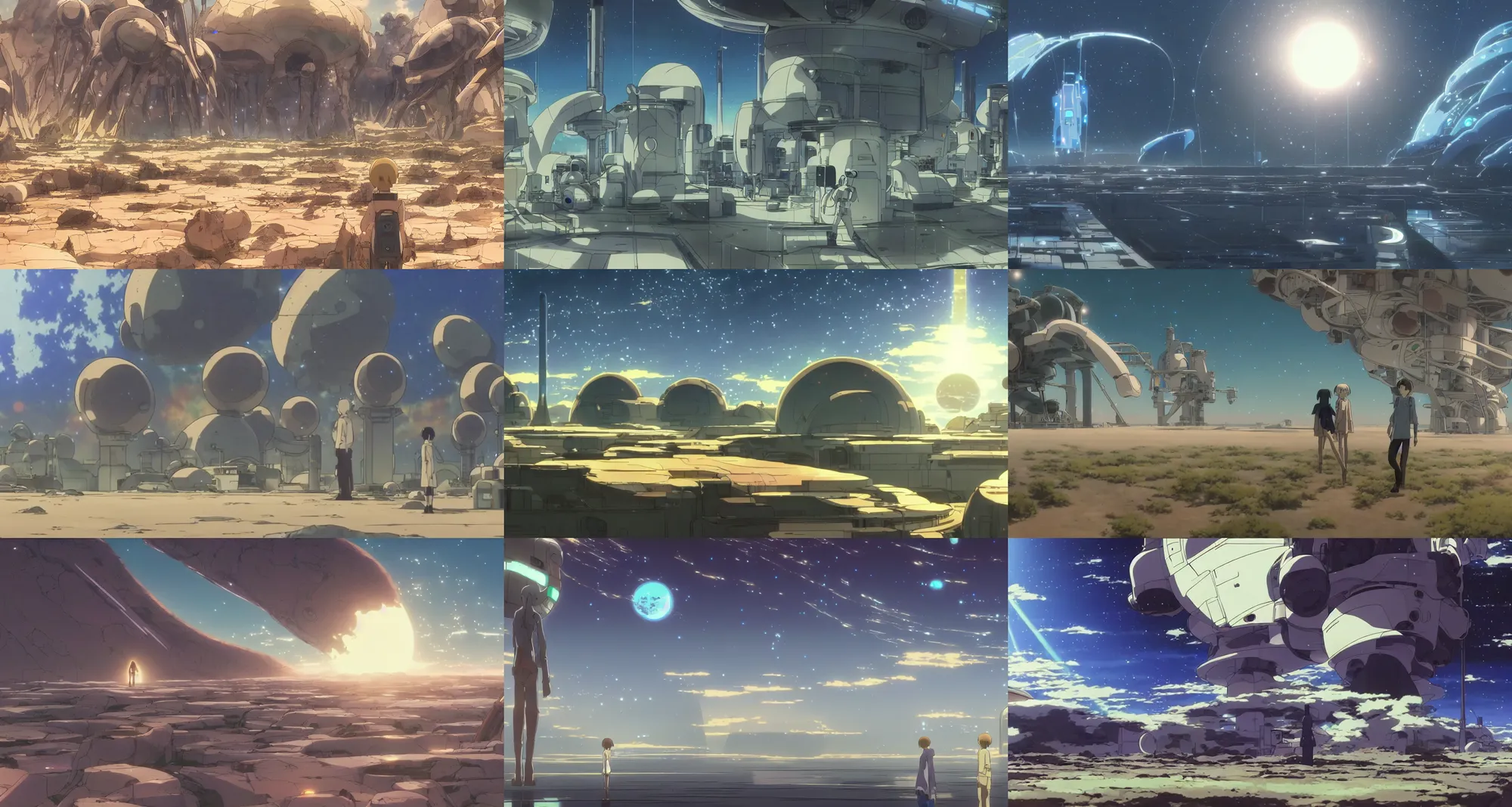 Prompt: screenshot from the award-winning science fiction anime film by makoto shinkai, futuristic scientific laboratory, desert alien planet, from the anime film by studio ghibli