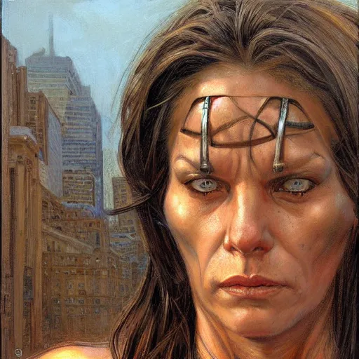 Prompt: frontal portrait of a muscular female survivor in a city, by donato giancola.