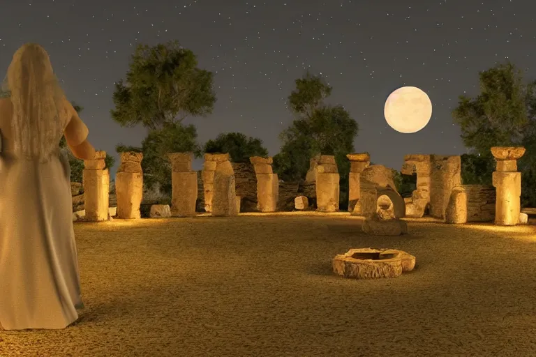 Prompt: Ġgantija megalithic temple complex malta priestess woman performing ritual at night druid fantasy art 3d render