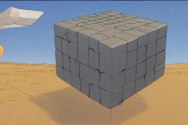 Image similar to giant cube floating above the desert concept sketch by joe johnston and nilo rodis - jamero and ralph mcquarrie and norman reynolds