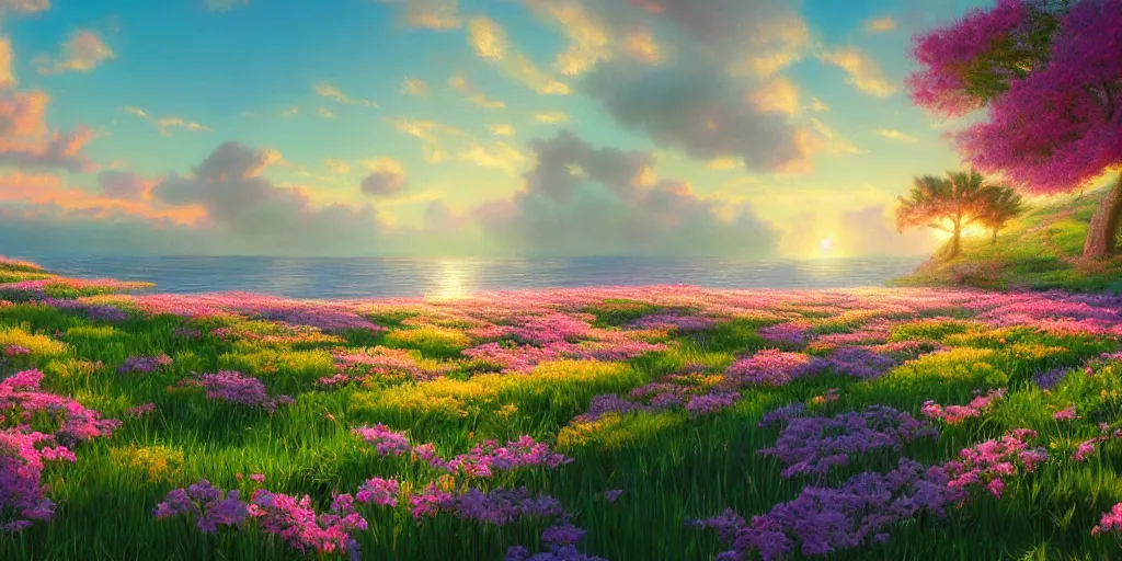 Image similar to Ocean inspired by Evgeny Lushpin,flower meadow,spring,cinematic,trending on ArtStation