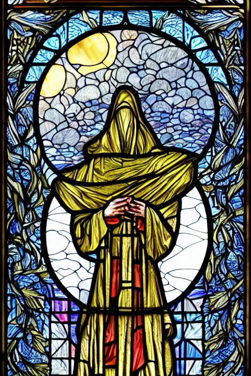 Prompt: hooded figure in the style of a stained glass window, full moon, intricate, highly detailed, artstation 4k