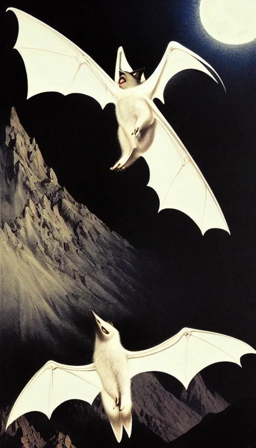 Image similar to a white bat, flying against a dark black night sky, mountain in the background, moonlight, denoised, very detailed, painted by, norman rockwell, tom bagshaw