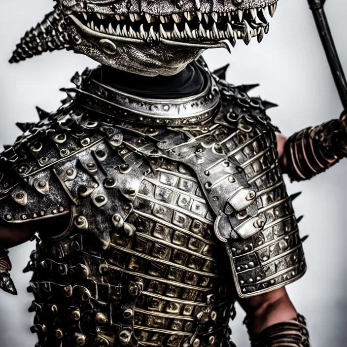 Image similar to photo of a warrior with metal crocodile themed armour, highly detailed, 4 k, hdr, smooth, sharp focus, high resolution, award - winning photo