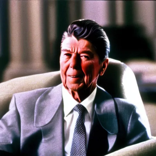 Image similar to “a still of Ronald Reagan playing Catherine Tramell in Basic Instinct (1992)”