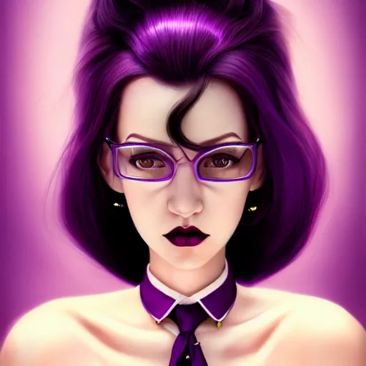 Prompt: beautiful tall secretary with purple hair, a horn on her head, a purple tuxedo, purple eyes, award winning photography, cinematic, digital painting, cinematic, wlop, 8 k, by ross tran, tom bagshaw