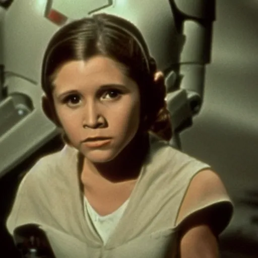 Image similar to film still of carrie fisher as a kid in new star wars movie, dramatic lighting, highly detailed face, kodak film, wide angle shot,