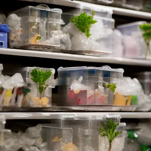 Prompt: garage with carnivorous plants on the shelves and packing peanuts on the floor, scene from tv show hyper detailed 5 5 mm 8 5 mm, low - light photography by tyler williams, made out of plastic