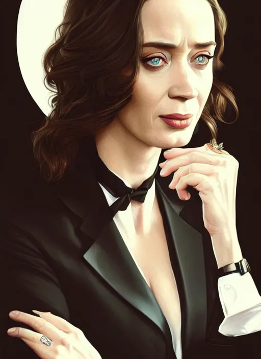 Image similar to portrait of emily blunt with cat eyes, as business woman, black suit, white shirt, black tie, intricate, headshot, highly detailed, digital painting, artstation, concept art, sharp focus, cinematic lighting, illustration, art by artgerm and greg rutkowski, alphonse mucha, cgsociety