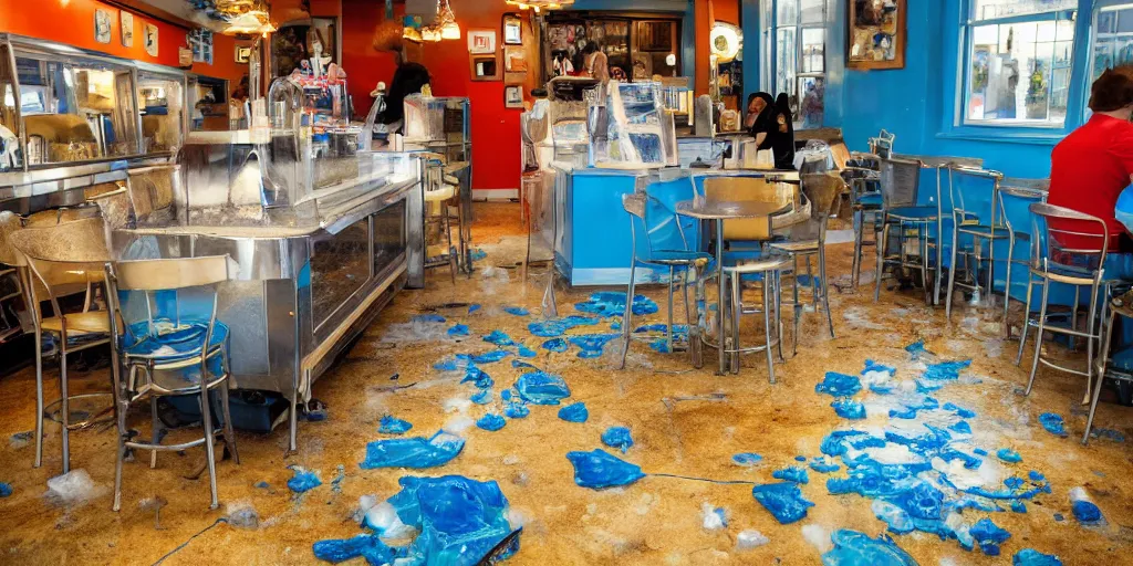 Image similar to inside a leaking freezer of melting ice cream cases is in an old fashioned ice cream parlor. the leak has made a colorful puddle of melted ice cream on the floor and is reminiscent to the shape of werewolf fangs. there is an eerie voluminous blue electric glow to the environment.