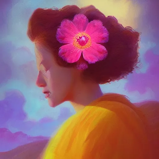 Image similar to girl with a singular flower for a head, surreal photography, dream, standing in flower field, magical, in a valley, sunrise dramatic light, impressionist painting, colorful clouds, artstation, simon stalenhag, flower face