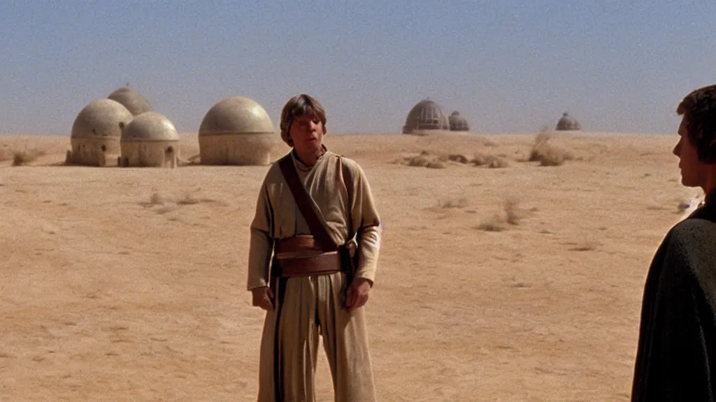 Image similar to film still tatooine A new hope Luke skywalker looks at suns moisture farm dome house