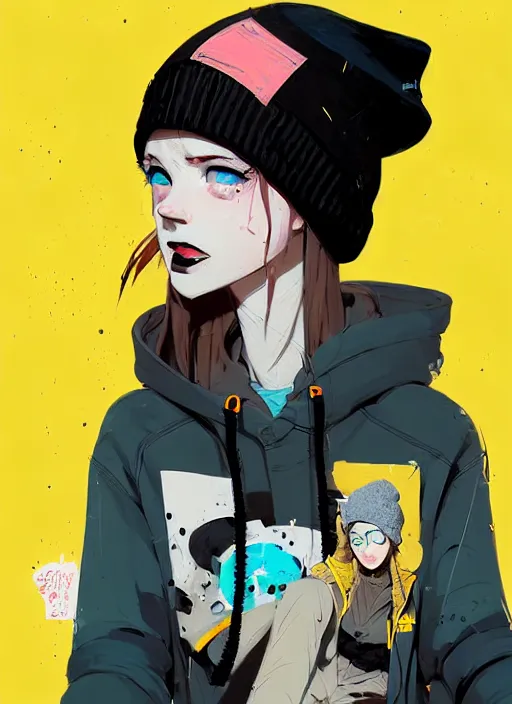 Prompt: highly detailed portrait of a sewerpunk student lady, blue eyes, hoody, beanie hat, white hair by atey ghailan, by greg tocchini, by jim mahfood, by greg rutkowski, by joe fenton, by kaethe butcher, gradient yellow, black, brown and cyan color scheme, grunge aesthetic!!! ( ( graffiti tag wall background ) )