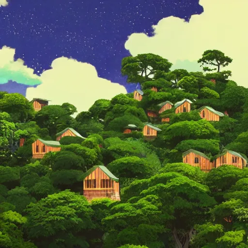 Image similar to stunning vista of lush foliage and wooden homes under dramatic sky, by studio ghibli, sharp focus vfx key shot