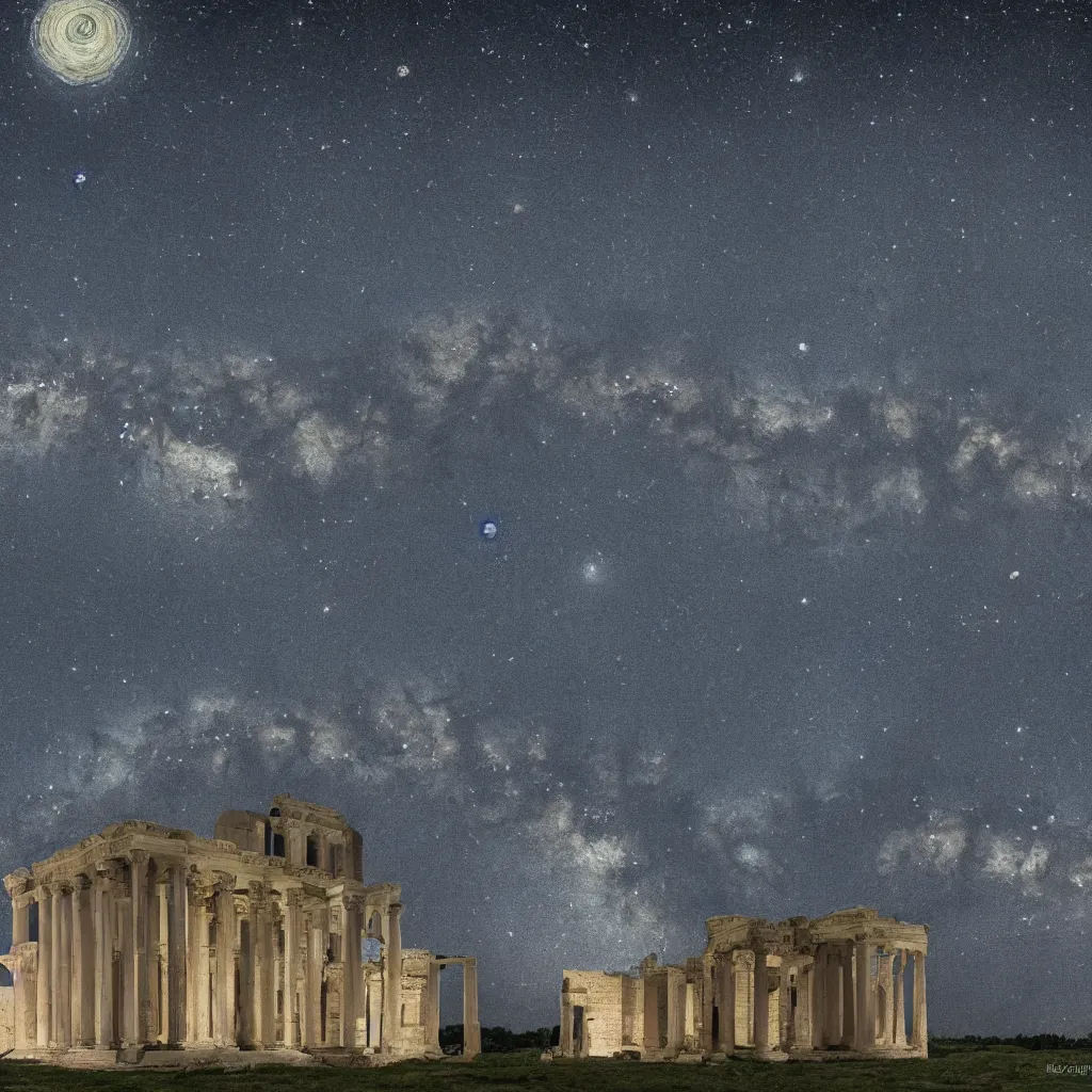 Prompt: starry night roman building made out of white stone bright high contrast cinematic lighting highly detailed 4 k resolution