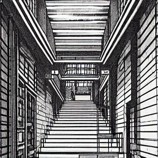 Image similar to a dark hallway with many doors and many stairs, Mc Escher architecture, epic composition, by Junji Ito