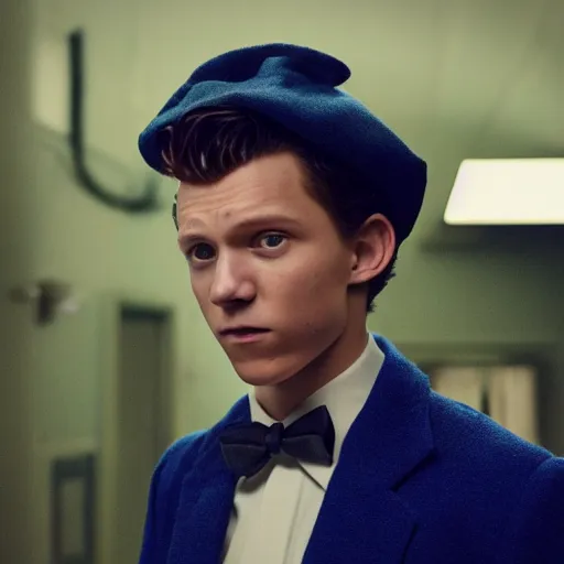 Image similar to tom holland with a beard in a dark blue trenchcoat with an orange bowtie as the new doctor who, cinematic, volumetric lighting, f 8 aperture, cinematic eastman 5 3 8 4 film, photorealistic