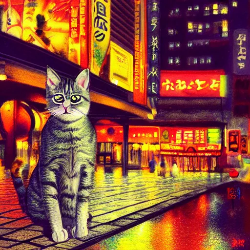 Prompt: cat in tokio, night, wide shot, highly detailed, digital art, masterpiece, award winning, vivid colors