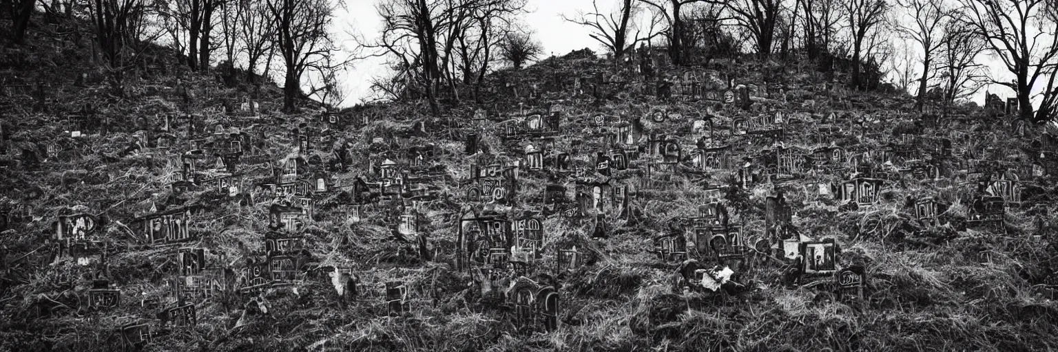 Image similar to DLSR photo of the steep hilltop of an endless creepy graveyard lit from weird supernatural weather where the real-life undead creature known as Eddie The Head (as depicted in Iron Maiden album art) stands menacingly