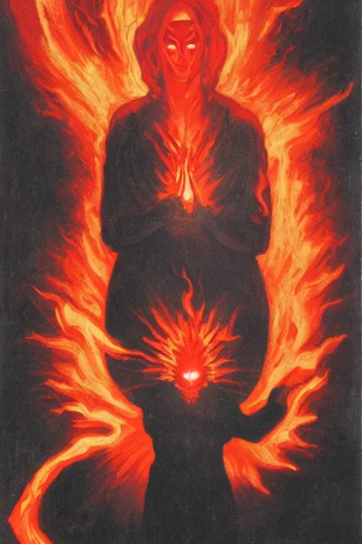 Image similar to Woman made of black flames, wearing a strict business suit, with no face, with glowing red eyes, with a red halo over her head, by Annie Swynnerton and Nicholas Roerich, madness combat, strong dramatic cinematic lighting , blood red sky, grey skin, smooth, sharp focus, extremely detailed