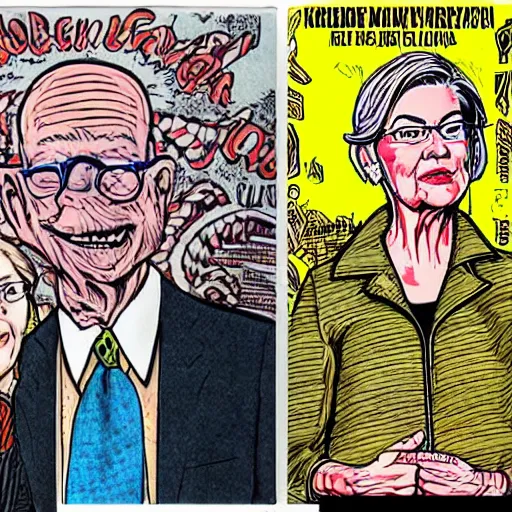 Prompt: The Artwork of R. Crumb and his Cheap Suit Klaus Schwab and Elizabeth Warren, pencil and colored marker artwork, trailer-trash lifestyle