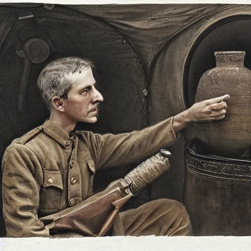 Image similar to a detailed photorealistic sepia - toned color portrait painting of a 1 9 1 7 worried clean - shaven british lieutenant in field gear in north arabia examining an ancient cylindrical clay jar, ultra realistic, intricate details, atmospheric, dark, horror, brooding, highly detailed, by clyde caldwell