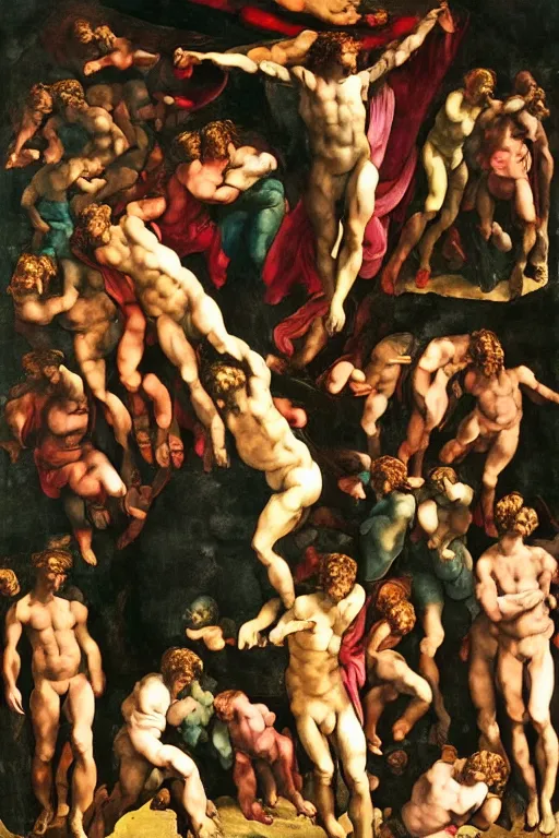 Image similar to a scene of a movie of michelangelo antonioni in the style of the last judgement by michelangelo. technicolor, grandiose, cinematic, 5 0 mm, highly detailed, romantic