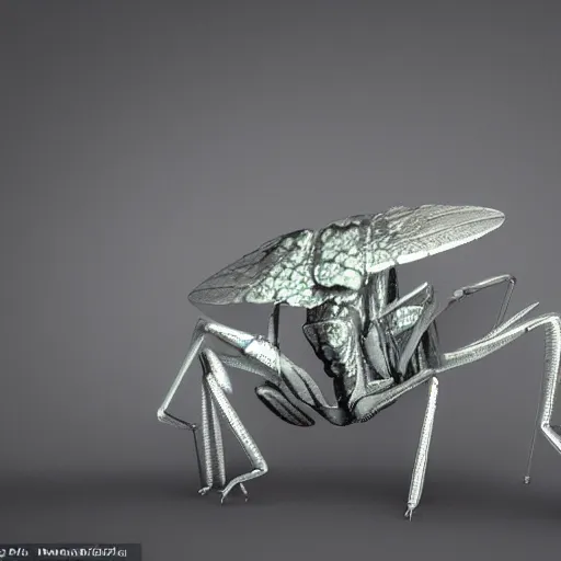 Image similar to 3d Render of a silver mantis in the wildn dramatic lighting, shallow depth of field, high detail, concept art