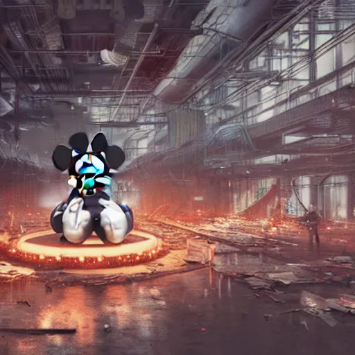 Image similar to a giant mickey mouse head, factory floor, surrounded by factory workers, octane render, cgstation, 3 d render, very detailed, mindblowing, blood and guts, gritty, cyberpunk, cinematic lighting, hyper realism