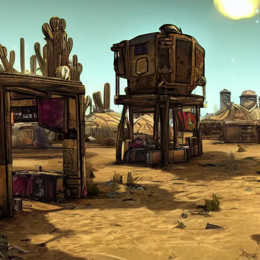 Prompt: An ivory tower sparkling in a desert oasis surrounded by a small city of ramshackle huts in the style of borderlands by gearbox sodtware, cel-shaded