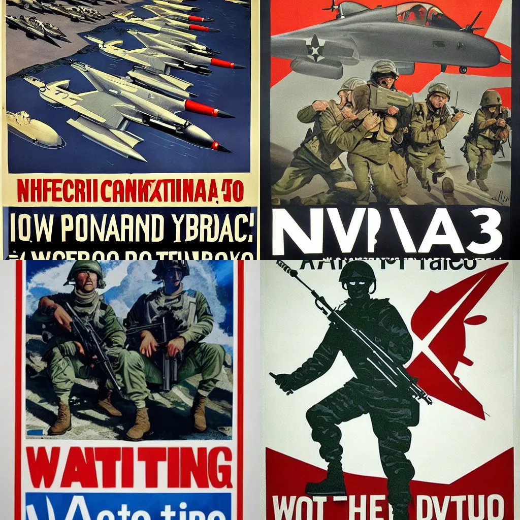 Prompt: a nato propaganda poster promoting the nato fighting in world war 3, ww 3, dystopian future, anti - communist, modern warfare, fighter jets
