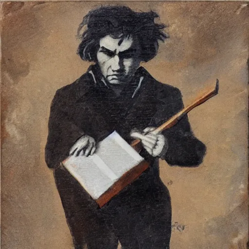 Prompt: beethoven. he's playing a rock music. oil paper on weathered paper