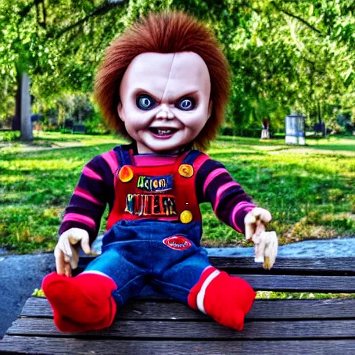 Image similar to chucky the killer doll standing on a park bench