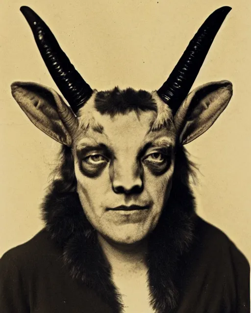 Image similar to aleister crowley as a a satyr goat man, he has long goat ears, multicolored goat fur, goat horns and yellow goat eyes with black horizontal pupils