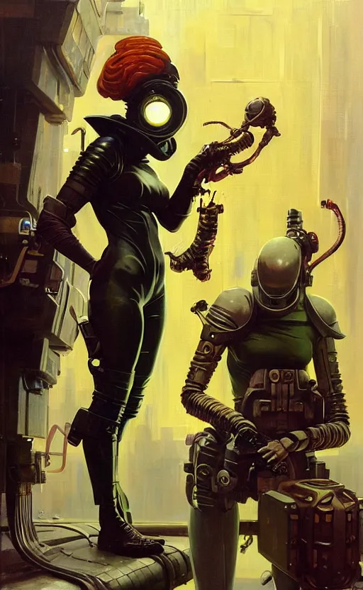 Image similar to pulp scifi fantasy illustrations of character concepts, cyber punk girl, burka, futuristic design, crafting, diy, by norman rockwell, roberto ferri, daniel gerhartz, edd cartier, jack kirby, howard brown, ruan jia, tom lovell, jacob collins, dean cornwell, astounding stories, amazing, fantasy, other worlds