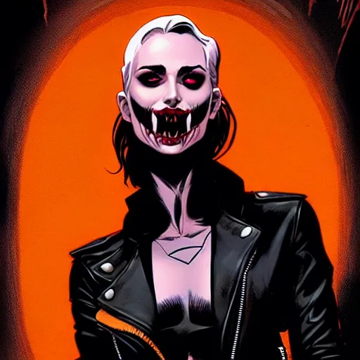 Image similar to rafael albuquerque comic art, peter mohrbacher, steve niles, artgerm, pretty willa holland vampire sharp vampire teeth open mouth, symmetrical eyes, black leather jacket, jeans, long blonde hair