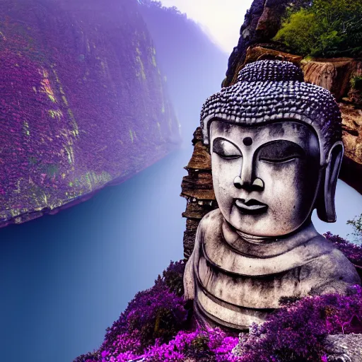 Prompt: huge stone buddha statue on a cliff, 8 k, moody, purple water, intense color, highly detailed, dream landscape, violet fog, wide, high color saturation,