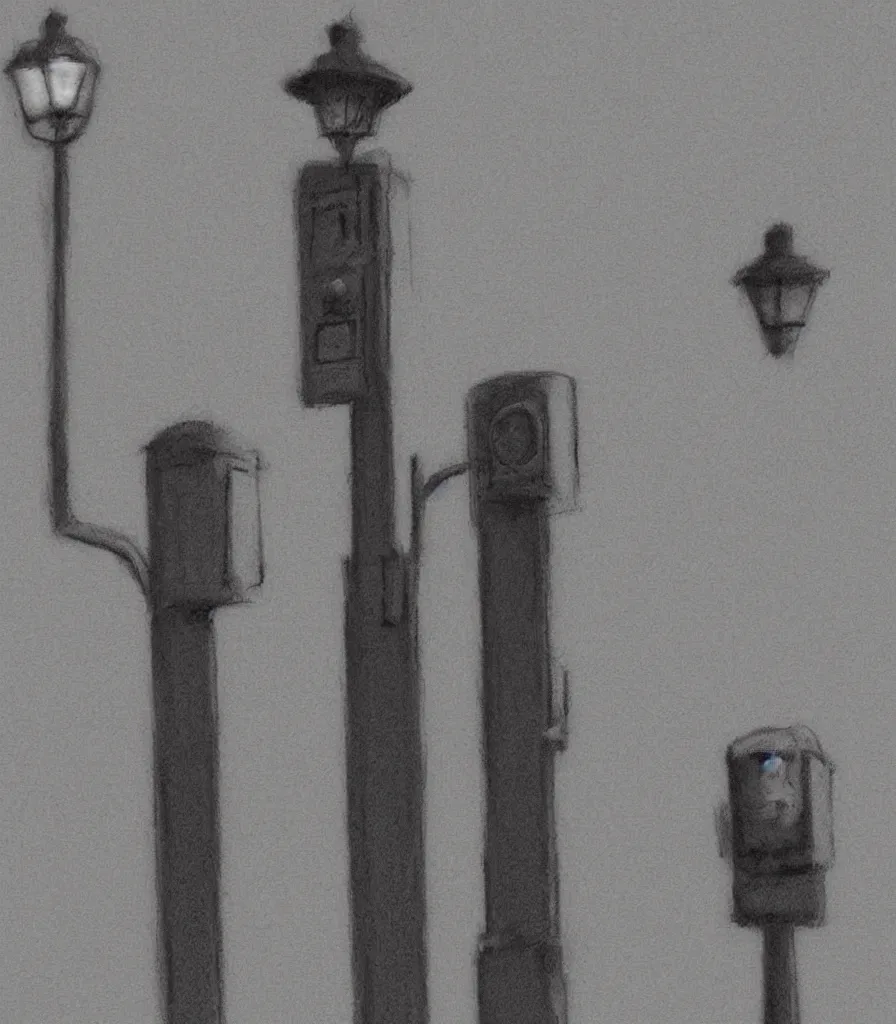 Prompt: charcoal sketch matte painting urban decay bus station train station stoplight streetlight silhouette figure