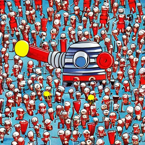 Image similar to tiny robot hiding in where's wally picture. illustrated by martin handford, high detailed, high complexity. photorealistic